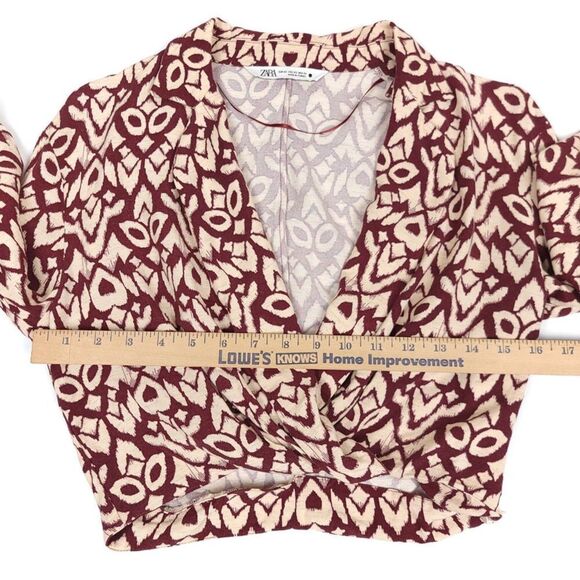 ZARA Linen Printed Wrap Blouse Crop Bell Sleeve Geometric Burgundy Cream XS - Picture 4 of 10